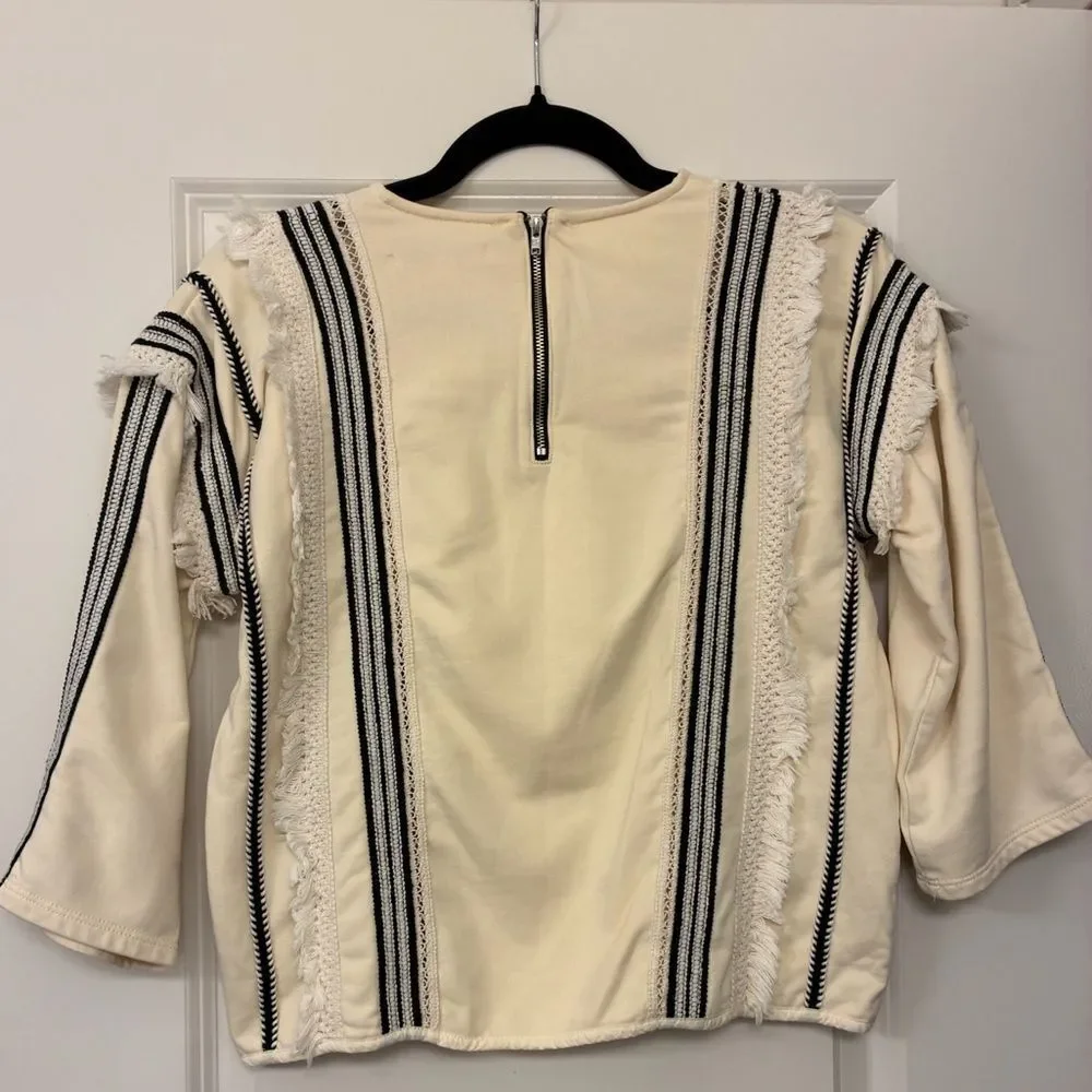 ANTHROPOLOGIE ERI + ALI Fringe Top Trim Black Cream Blouse Women’s Size XS - Picture 4 of 6